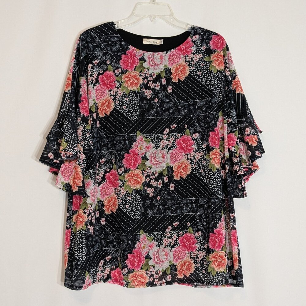 SOUTHERN STITCH Black/Pink Floral Lined Chiffon 3/4 Sleeve Top; Size XL